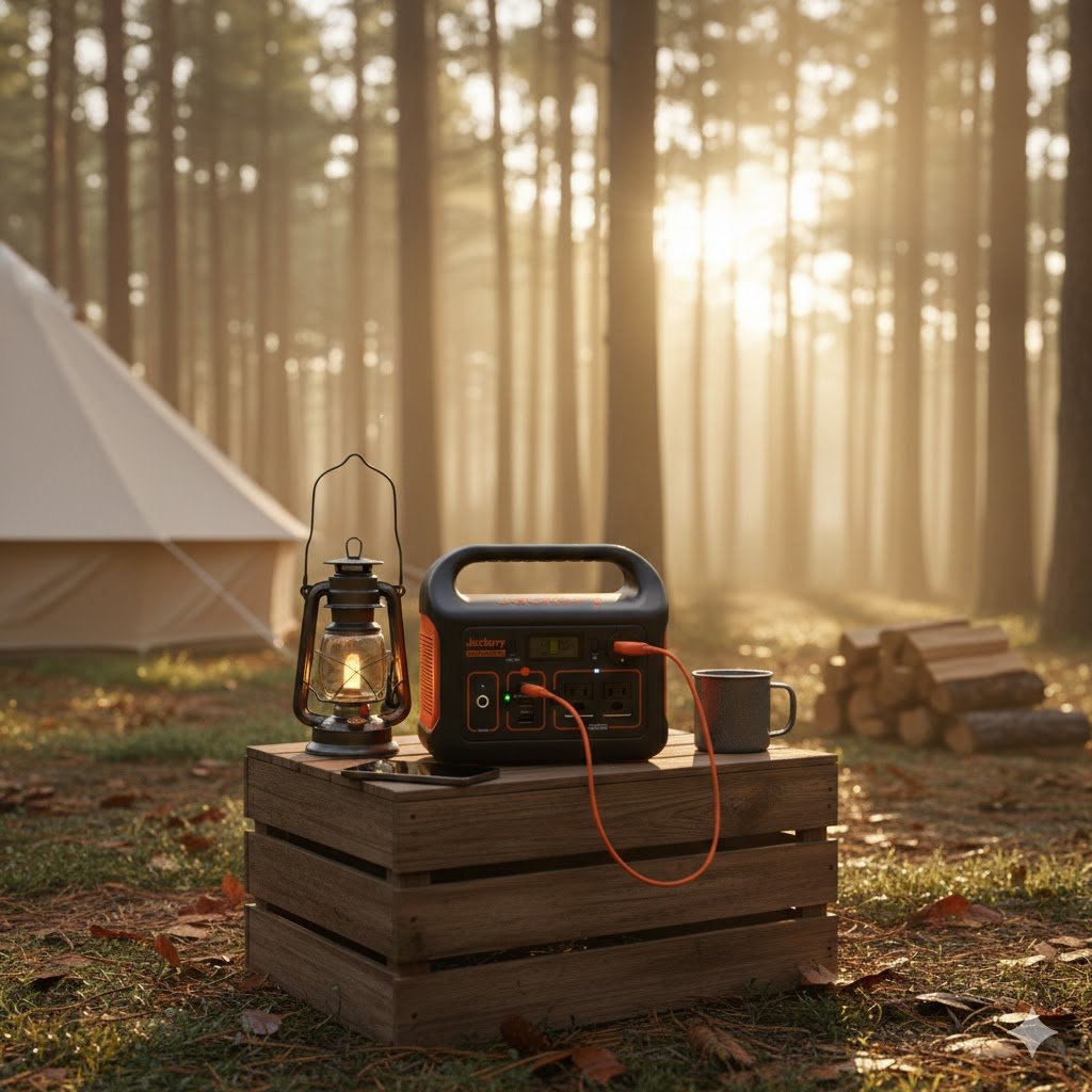 Jackery Explorer 300 Plus at campsite with tent and lantern