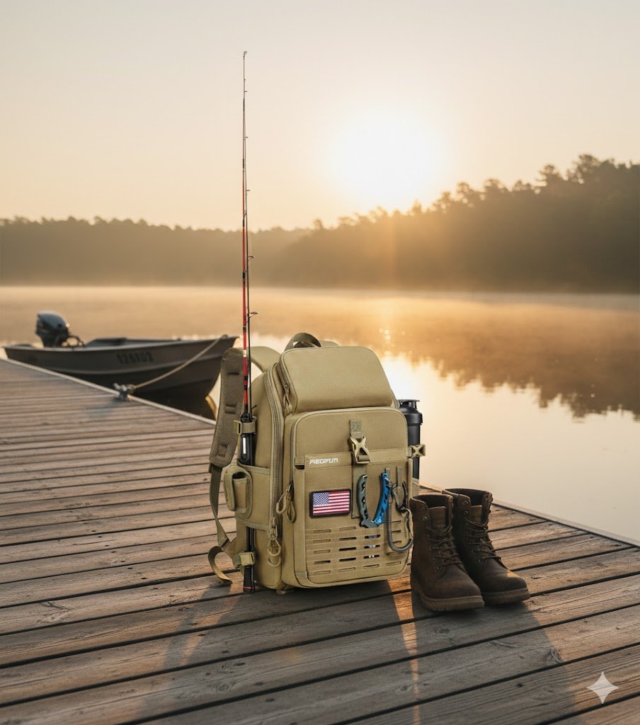 Piscifun fishing backpack on dock at sunrise with rod and boots