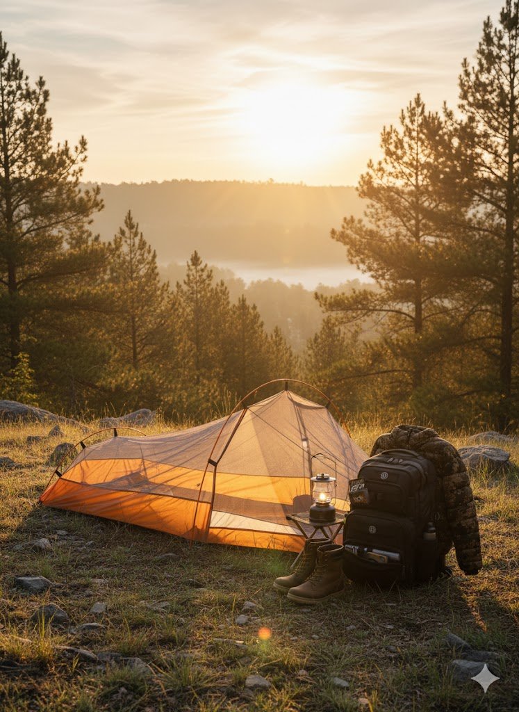 Solo Bivy Tent at sunrise with backpack and boots